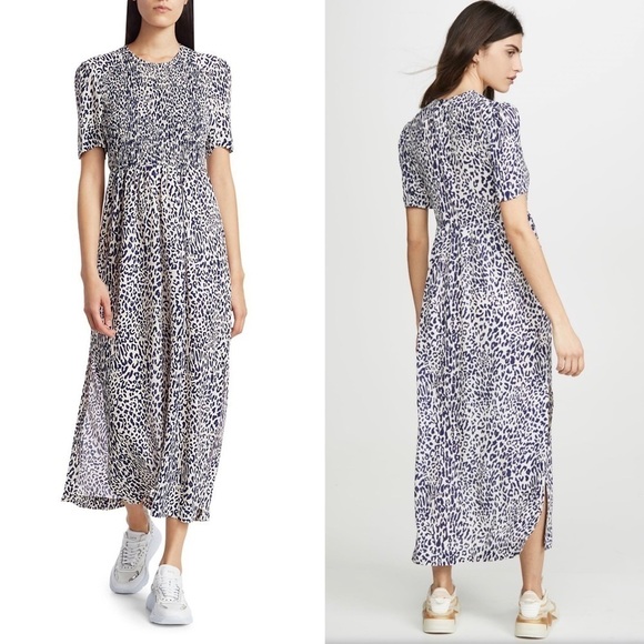 BAUM UND PFERDGARTEN Silk Short Sleeve Leopard Print Smocked Front Midi Dress 14 - Picture 9 of 16